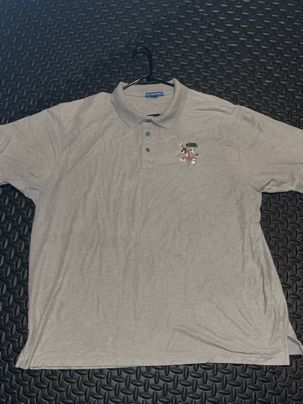 Port Authority Light Gray Polo with Embroidered Chester Cheeto on Chest